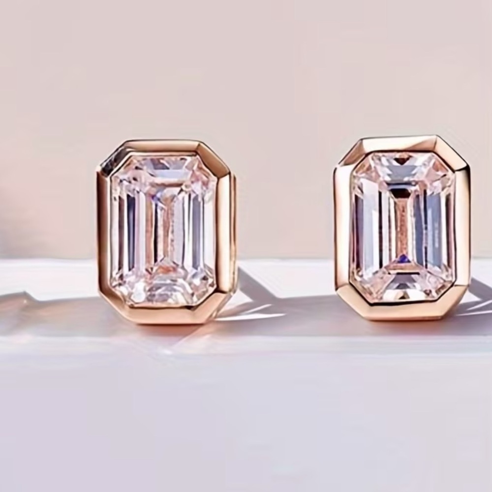 Modern Emerald Cut Diamond Studs • Bezel Set • Rose Gold Finish - Picture 5 of 5